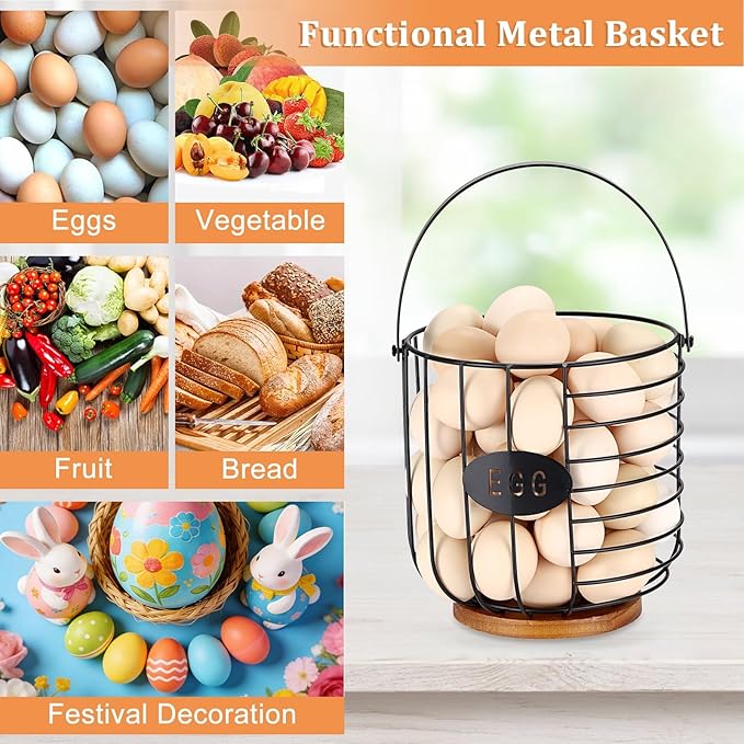Farmhouse Vintage 7'' Round Metal Wire Egg Basket - Solid Bottom Egg Gathering Holder for Fresh Eggs, Countertop Kitchen Storage (Style 2(Lantern))