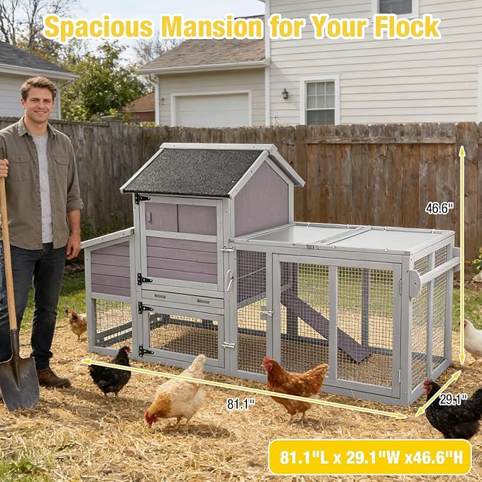 Aivituvin Mobile Chicken Coop with Wheels, Large Wooden Chicken House with Waterproof Asphalt Roof, Nesting Box & Removable Tray, Spacious Chicken Run, Outdoor Poultry Cage for 3–4 Chickens