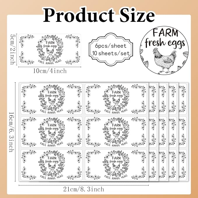 60Pcs 2" x 4" Farm Fresh Eggs Label White Rectangle Free Range Hens Egg Carton Stickers Self Adhesive Packaging Tags for Box Container Business Farm Farmhouse Markets Supplies