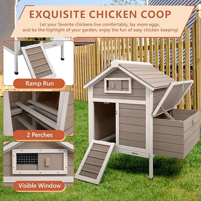 Chicken Coop Chicken House Outdoor with 2 Nesting Box, Wooden Small Chicken Coop Hen House with Removable Trays, Ramp for 1-2 Chickens (32" L x 23.6" W x 36.6" H)