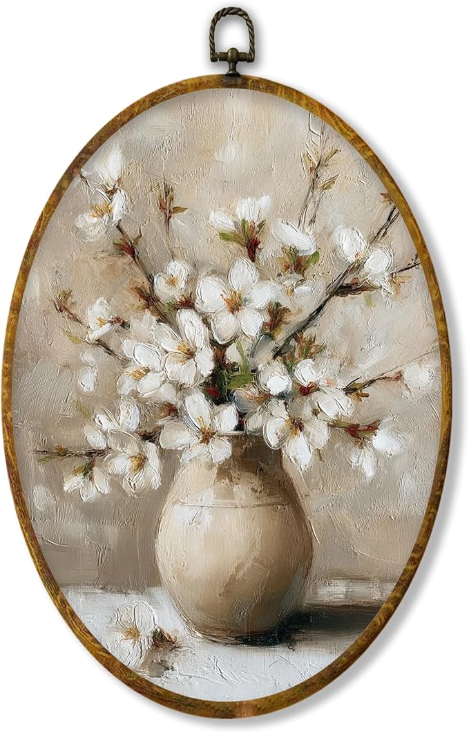 Hiuwevt Vintage Floral Round Wall Art Decor, Rustic Farmhouse Floral Framed Canvas Prints, Cottagecore Botanical Round Wall Hanging Decor for Home Bedroom Living Room Decorations, 8.6x11.4 Inches