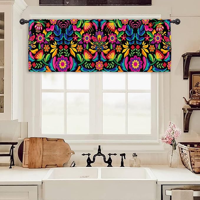 Miyotaa Mexican Fiesta Kitchen Curtain Valance 54W x 18H Rod Pocket Cinco De Mayo Dia De Los Muertos Colorful Flower Window Treatment for Living Room Bedroom Bathroom Laundry
