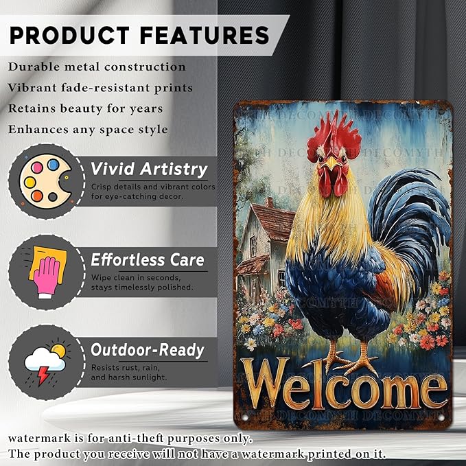 Vintage Rooster Tin Sign Welcome Retro Chicken Rustic Wall Decor Nostalgic Art Funny Coop Metal Poster Outdoor Store Cafe Farmhouse Kitchen Garden Plaque Bar Pubs Yard Farm 12 * 8inch