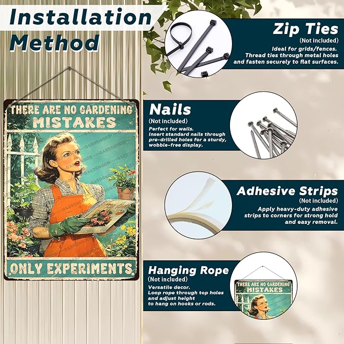 Vintage Garden Metal Sign Gardener Gardening Girl Poster There Are No Gardening Mistakes Only Experiments Metal Poster Garden Home Art Wall Decor 16x12 Inch