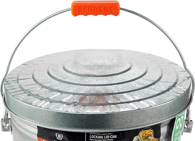 Behrens 6 Gallon Galvanized Steel Storage Can or Waste Bin w/Locking Lid & Handle (1 can, 1 Orange Grip)