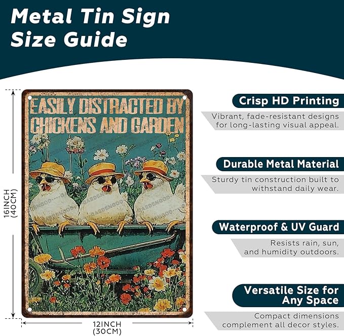 Vintage Hen Signs Easily Distracted By Chickens And Garden Metal Sign For Garden Home Bar Office Wall Art 16x12 Inch