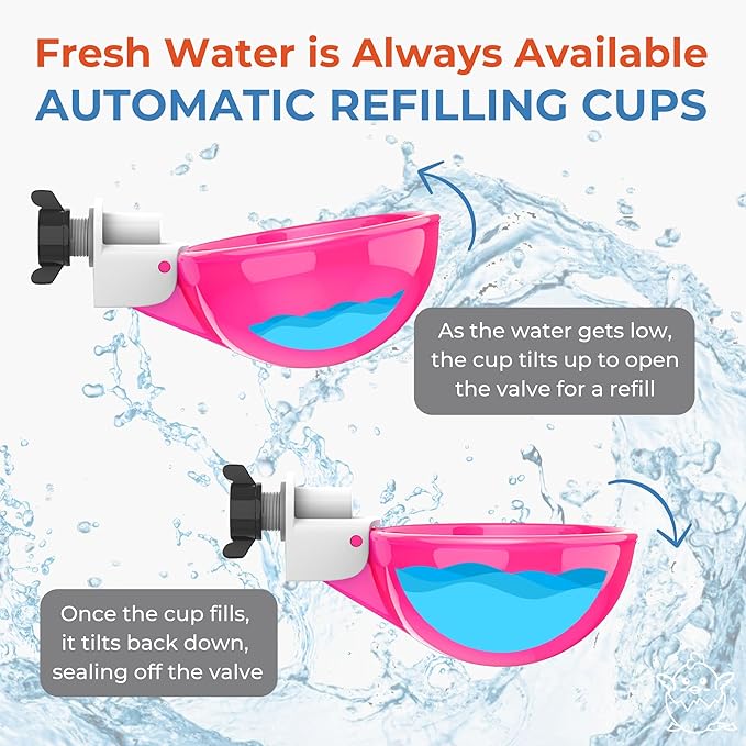 Lil'Clucker - Large Automatic Chicken Waterer Cups Suitable for Ducks, Geese, Turkeys, and Bunny Rabbit - Water Feeder Kit - Poultry Waterer (Pink, 12 Pack)