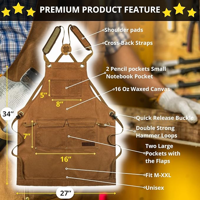 Woodworking Shop Aprons for Men and Women | 16 oz Durable Waxed Canvas Work Apron with Pockets | Cross-Back Straps | Adjustable Tool Apron Up To XXL | Gift for Woodworker - Bring a Smile to Their Face