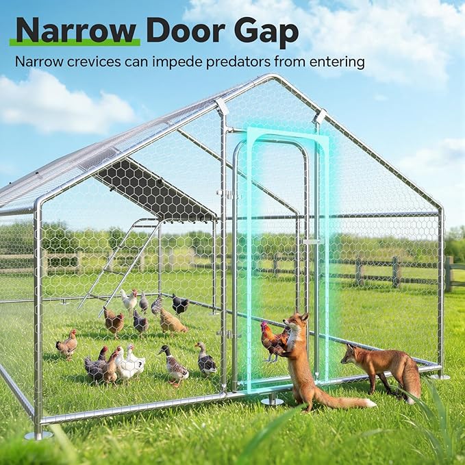 Large Metal Chicken Coop with Waterproof and UV-Resistant Cover,Chicken Run Outdoor Walk-in Cage Rabbit Duck Hen House for Yard Farm Use Spire Roof(10' L x 14.8' W x 6.4' H)