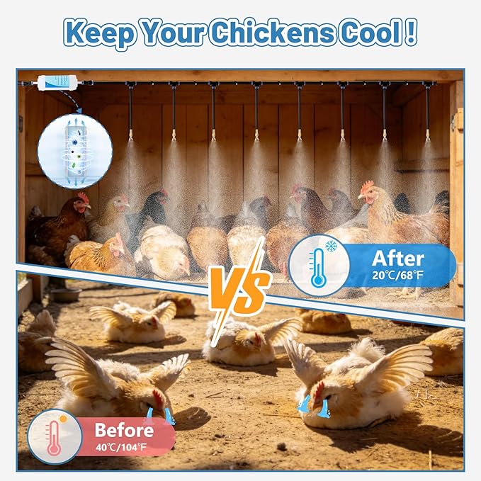 Kalolary 60FT Chicken Coop Misting Cooling System with 16 Adjustable Brass Nozzles(8mm), Complete DIY Poultry Cooling Kit with Filter Accessories, Summer Heat Relief for Coop Garden Greenhouse