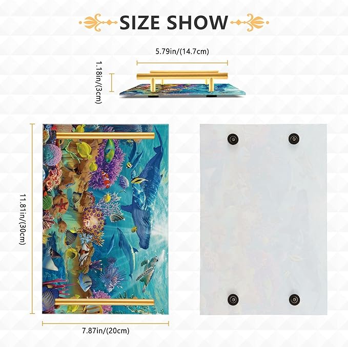 Bathroom Vanity Tray Counter Organizer, Vibrant Underwater Ecosystem Decorative Tray with Handles Countertop Storage for Bathroom Bedroom Kitchen Home Farmhouse