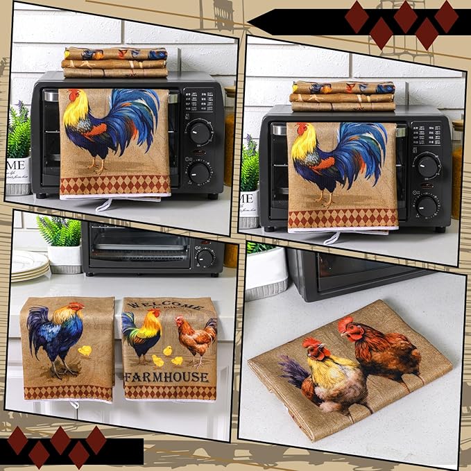 Bencailor 6 Pcs Farmhouse Kitchen Towels Chicken Rooster Kitchen Decor Farm Animal Hand Towels for Cooking Baking Housewarming Gift,15.75 x 23.62 inch(Brown,Retro Chicken Print)