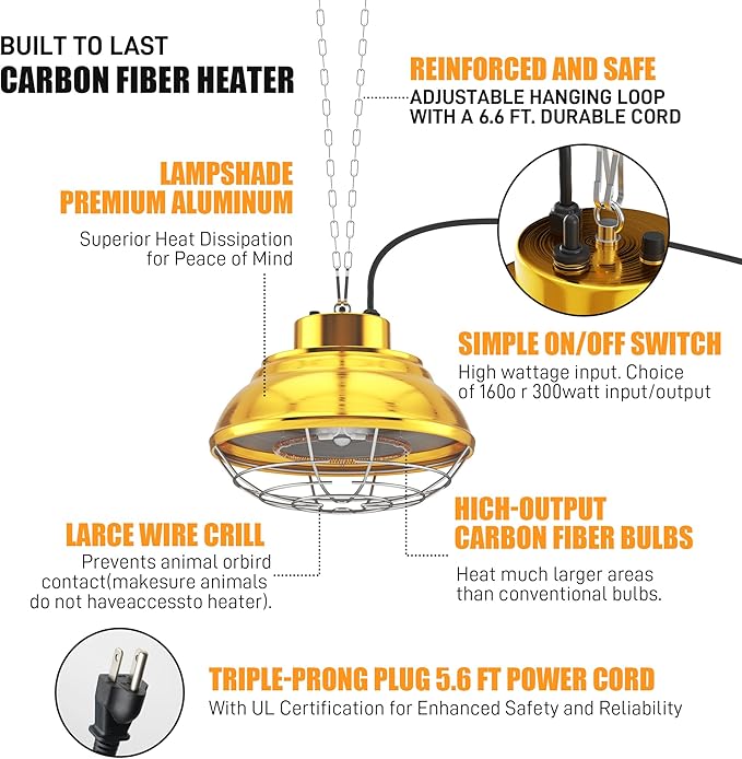 Large Heat Lamp for Chickens Coop, 400 Watt Chicken Coop Heater, Two-Stage Temperature Heat Lamp for Chicks, Carbon Fiber Heating Element for Chicks, Ducks, Poultry, Pets