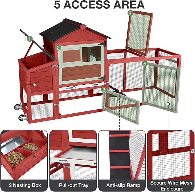 Large Chicken Coop with Wheels, Outdoor Wooden Hen House with Run & Nesting Box, for 3-5 Chickens, Waterproof Asphalt Roof, Leakproof Tray, Expandable Poultry Cage-Red