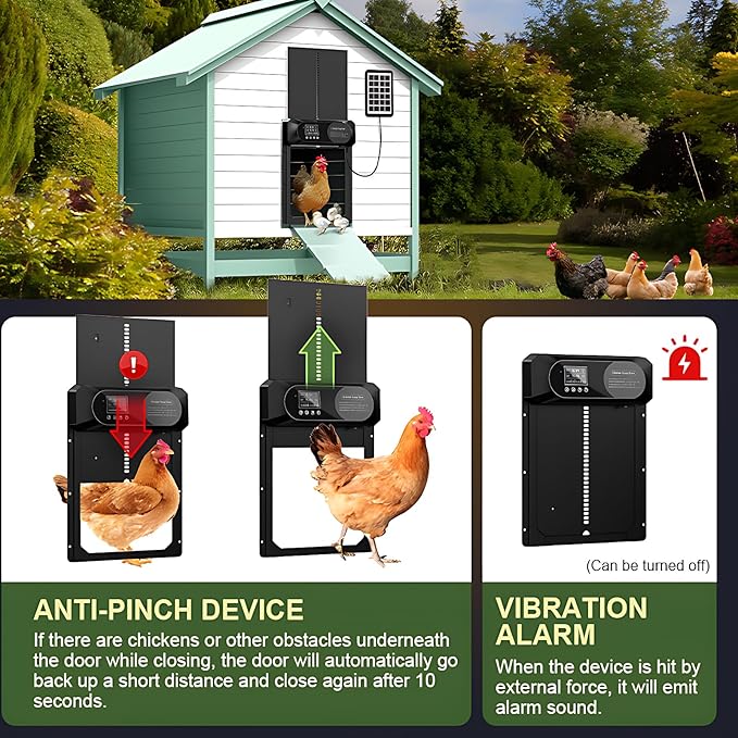 Large Size Automatic Chicken Coop Door Solar Powered,15.9"H x 12"L x 2.28"W,Aluminum Alloy Chicken Door with LCD Display,Timer & Light Sensor,4 Control Modes,Anti-Pinch Coop Door with Remote Control