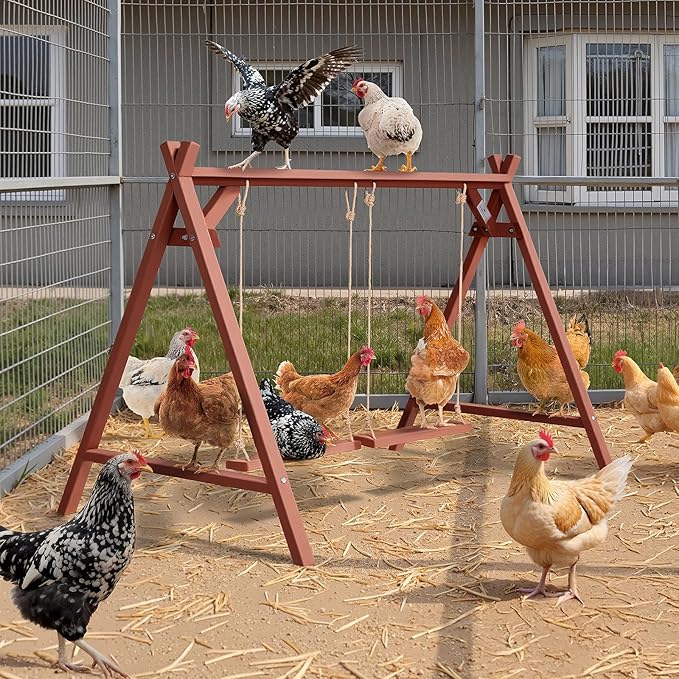 PETSFIT Wooden Solid Chicken Perch & Roosting Bars with 2 Swings, 50"x30"x34" Coop Toy for 6–8 Hens, Multi-Level Stand Encourages Exercise & Natural Behavior, Easy to Assemble & Clean,Outdoor Use