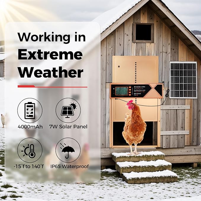Automatic Chicken Coop Door Solar Powered, 4 Modes Automatic Chicken Door with Timer & Light Sensor, 7W Solar Charging Panel, Waterproof Aluminum Alloy Chicken Door with LED Screen (Gold)
