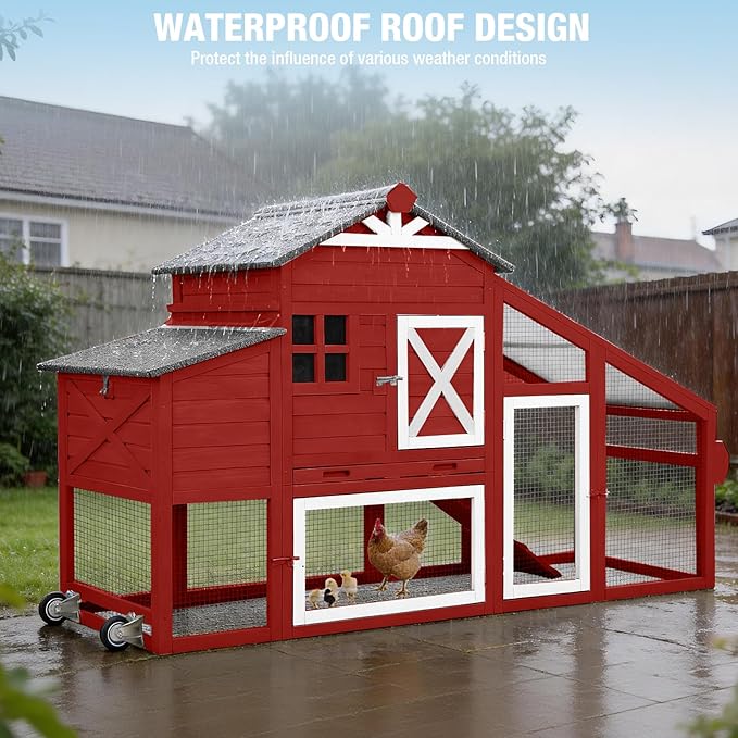 Large Chicken Coop with Run and Wheels, Wooden Hen House with Nesting Box and Waterproof Roof, Poultry Cage with Leakproof Tray, Rabbit Hutch, Bunny Cage Outdoor, Chicken Tractor for 4 Chickens (Red)