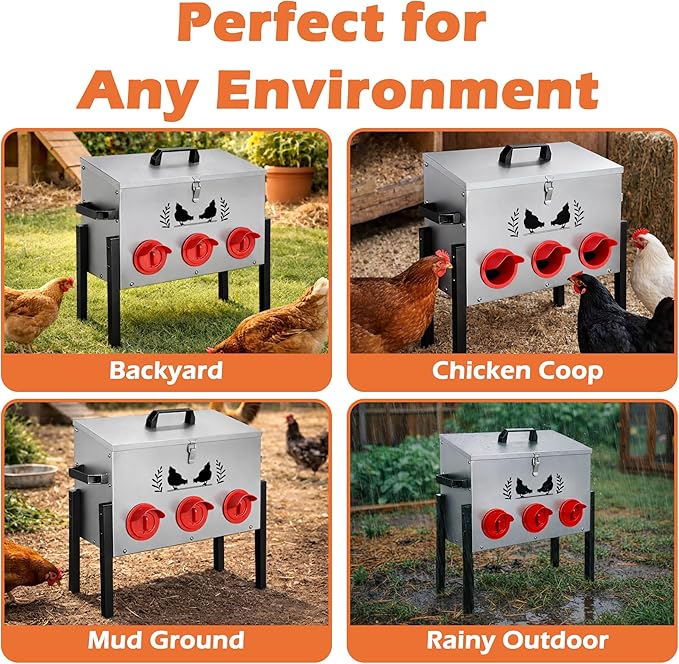 Large Capacity Automatic Chicken Feeder, 6 Port Chicken Feeder, 28LB Metal Chicken Feeders with Locking Lid & Adjustable Legs, No Waste Chicken Feeder, Silver