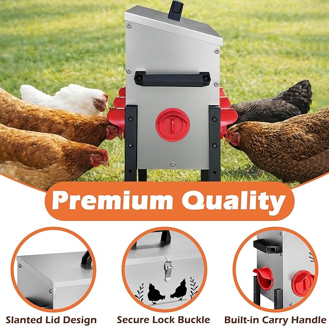 Large Capacity Automatic Chicken Feeder, 8 Port Chicken Feeder, 48LB Metal Chicken Feeders with Locking Lid & Adjustable Legs, No Waste Chicken Feeder, Silver