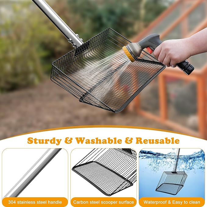10inch Chicken Poop Scooper, Dual-Specification Pore Chicken Coop Cleaning Tools Come with Gloves Coop Scoop 4 Sections Extended with 22 to 62" Stainless Steel Adjustable Handle