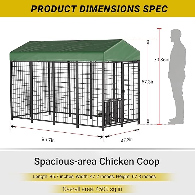 YOHKOH Chicken Enclosure, 8'W x 4'D x 5.6'H Large Outdoor Poultry Coop with Waterproof Cover, Metal Walk-in Chicken Coop for 15 Chickens Ducks Rabbits, Sturdy Heavy-Duty Black Poultry Pen
