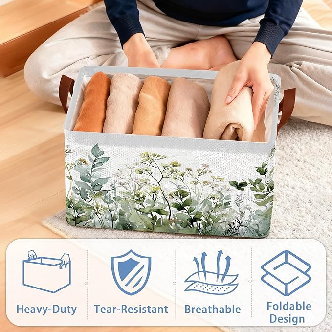 Wildflowers Herb Plants Storage Baskets,Foldable Large Capacity Organizer Bins with Waterproof Lining and Leather Handles for Closet,Shelf,Bedroom 17x11.5x10Inch