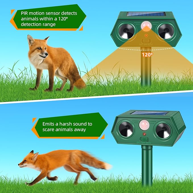 2026 IP65 Deer Repellent Devices Racoon Squirrel Sonic Fortress Pro, Solar Ultrasonic Animal Repeller Outdoor Cat Deterrent with Motion Sensor to Scare Rabbit Skunk Dog Out of Garden Farm(4Pack)