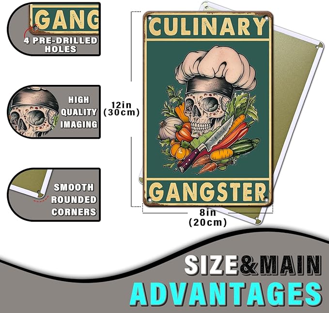 PEACHGARDEN Kitchen Wall Decor Vintage Skull Metal Sign Funny Culinary Gangster Tin Sign Cooking Poster Wall Decor for Home Kitchen Bar Pub Man Cave Cafe 8x12inch