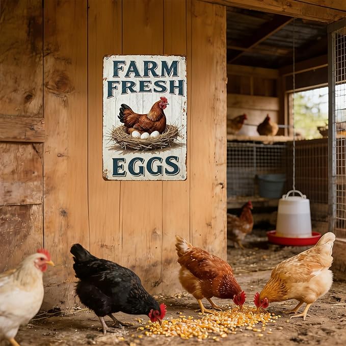 Funny Rooster Decor Vintage Farm Fresh Eggs Chicken Tin Sign for Chicken Coop Farm Garden Yard Decor 16x12 Inch