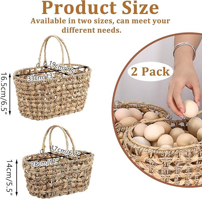 2 Pcs Eggs Collecting Baskets, Handmade Water Hyacinth Storage Basket for Gathering Fresh Eggs, Egg Holder with Handle for Harvest Farmhouse and Kitchen Use Seagrass Basket for Chicken-Egg