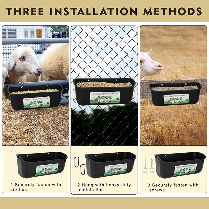 6 Pack Fence Feed Feeder 4.5 Quart Hanging Chicken Feeder Trough with Brush & Scoop Black Goat Hanging Fence Feeders Feeder with Hooks Screws & Zip Tie for Livestock Feeding Container Goats Supplies