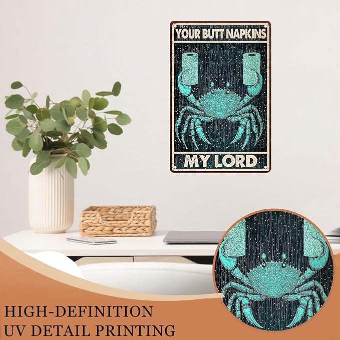 Funny Crab Bathroom Sign Crab Posters Your Butt Napkins My Lord Vintage Signs Man Cave Decorations Bathroom Wall Art Metal Decor 8X12Inch