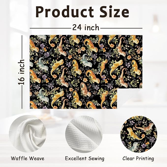 Dark Bearded Dragon Botanical Decor Kitchen Towel and Dish Towel, Bearded Dragon Gifts, Lizard Wildflower Hand Towels,Reptiles Gift Decorative Hand Dish Tea Towels for Bathroom Kitchen,16x24