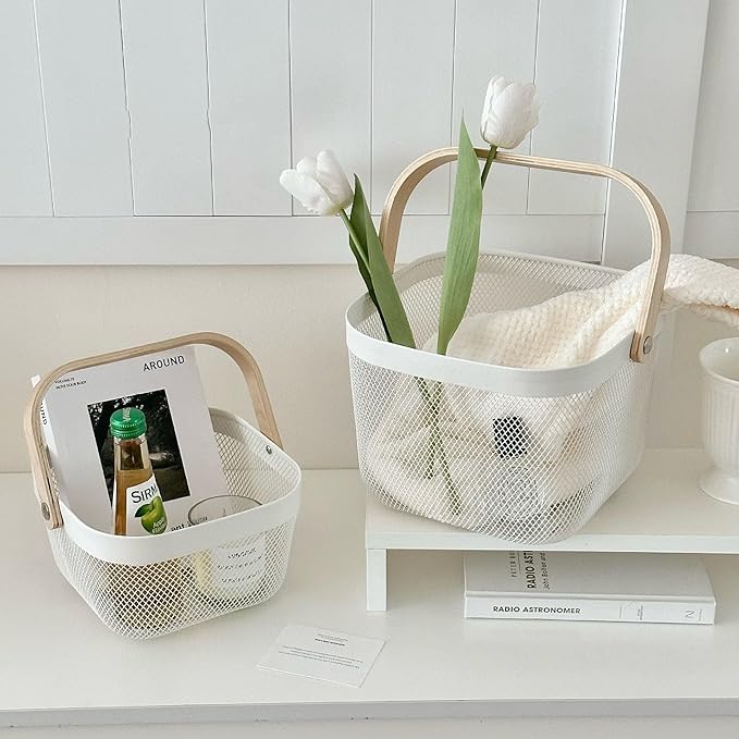 Metal Mesh Wire Basket, Mini Steel Basket with Wooden Handle Storage Organizer Basket Multi-functional Hanging Kitchen Baskets Fruit Baskets for Kitchen Bathroom Cabinet Pantry Snacks, White