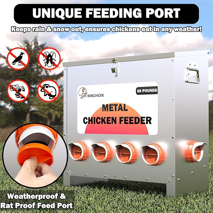Metal Chicken Feeder Large Capacity 85lbs Automatic Metal Rat Proof Chicken Feeders No Waster Weatherproof Poultry Feeder for Chickens, Geese, Ducks, Turkeys, Quails (10-Port)