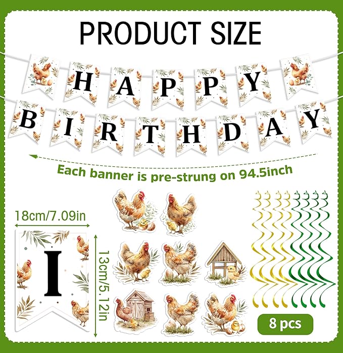 Chicken Birthday Party Decorations - 14 Pcs Happy Cute Banner Hanging Swirls Honeycomb Centerpieces Set Farm Animals Chick Hen Themed Supplies Favors for Kids Boys Girls Wall Ceiling Decor