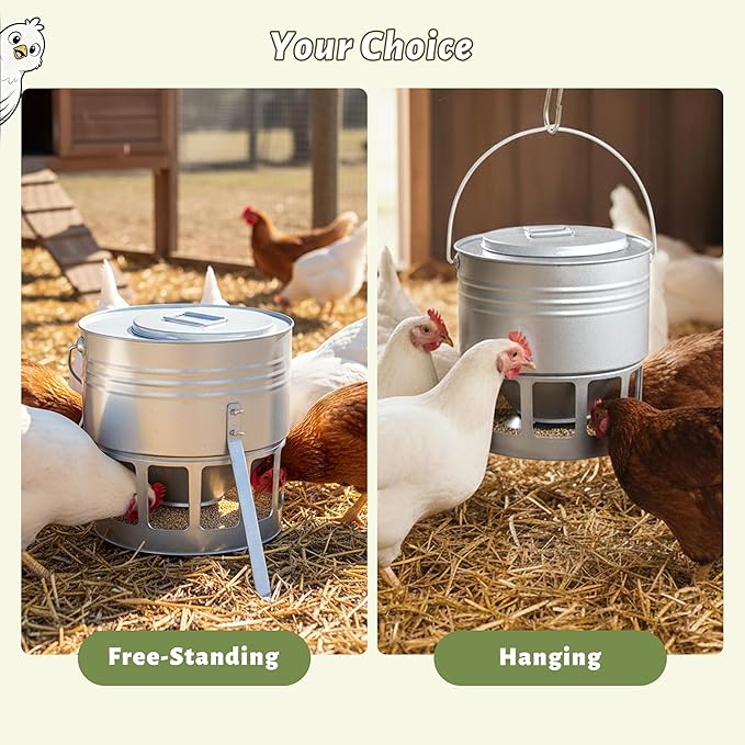 KOL Metal Chicken Feeder - 20lbs No Waste Chicken Feeder with 12 Ports, Powder Coated Rust-Proof Design & Smooth Edges for Safe Feeding (Silver)