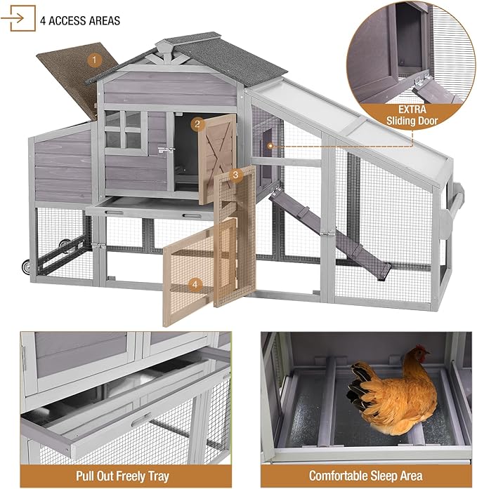 Large Chicken Coop for Outdoor with Nest Box and Removable Tray, Hen House Waterproof for 2-5 Chickens, Outdoor Poultry Cage with Wheels - Grey