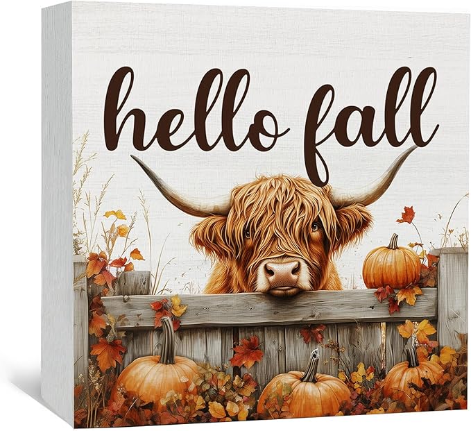 Fall Highland Cow Sign - Fall Farmhouse Highland Cow Decor Decorations Gifts For Home Office,Rustic Farm Hello Autumn Pumpkin Maple Leaf Home Decor Signs