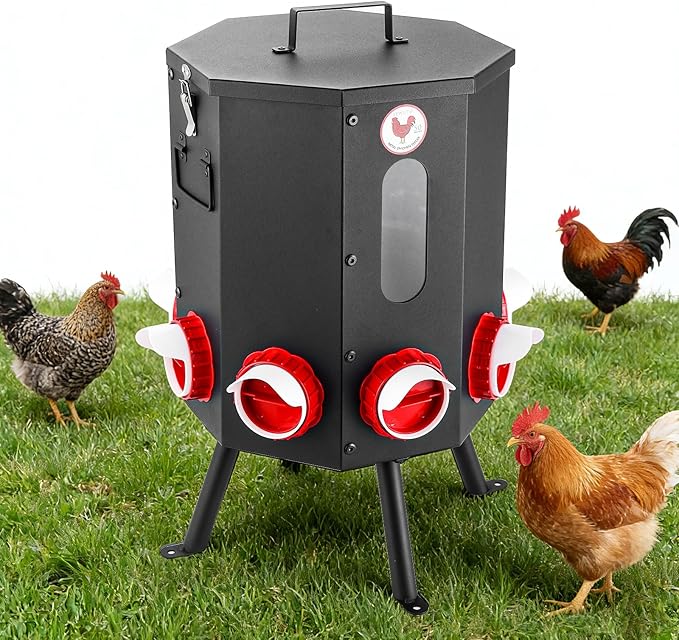 Automatic Chicken Feeder 8 Feeding Ports, 50lbs No-Waste Gravity Poultry Feeder 8 Feeding Ports with Rainproof Lid, Rodent-Proof Large Capacity Metal Chicken Feeder for Hens, Ducks, Birds