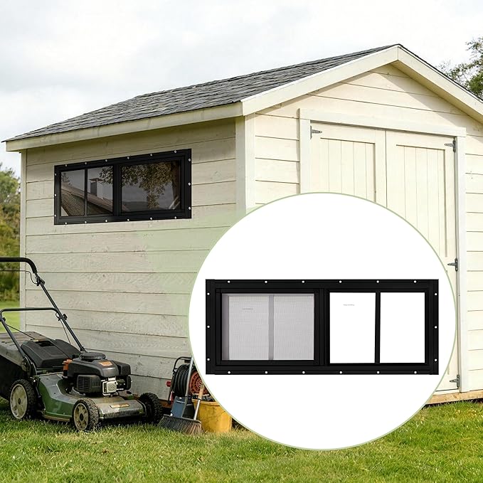 2 Pack Shed Windows, 10"x 23" Black Sliding Window Suitable for Chicken Coop, shed, Household, Barn - Transom Window with Tempered Glass and Fiberglass Screen (BK,10''x 23'')