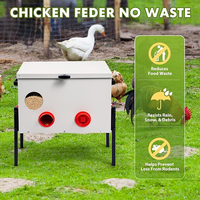 Metal Chicken Feeder with 6 Ports, 60 lbs Metal Poultry Feeder, Height Adjustable Weatherproof Feeding Box for Chickens, Geese, Ducks, Turkeys, Quails (60lbs-6 Ports)