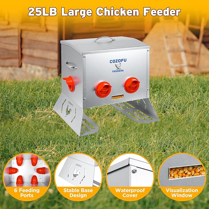 25 Pounds Automatic Chicken Feeder 6 Ports Large Gravity Fed Chicken Feeder with Transparent Window & Handle for Chickens Bantams Pheasants Poultry Coop Weatherproof