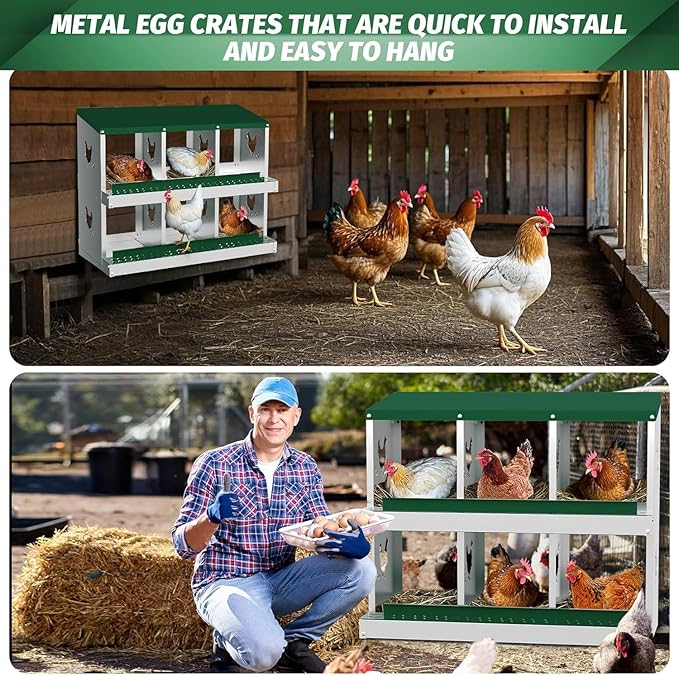 Metal Chicken Nesting Boxes, Heavy-Duty Galvanized Steel Egg Laying Box with 6 Compartments, Rustproof, Easy to Install & Clean, Wall-Mountable Design for Poultry Coops- Green Without Stand