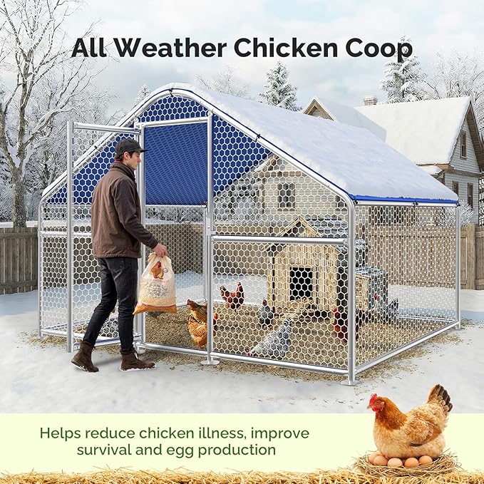 Large Metal Chicken Coop with Hexagonal Chicken Wire, Chicken Coop Run Pen for Yard with Waterproof Cover, Outdoor Large Walk-in Chicken Coops for 8 Chickens Duck Pen House Cage Run