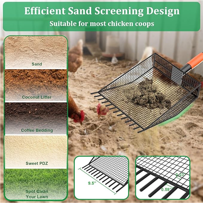 2-in-1 Chicken Poop Scooper & Rake, Heavy-Duty Chicken Coop Scoop with 33-61" Adjustable Handle and 14" Long Shovel Head, Metal Litter Scoop Sand Poop Shovel, Chicken Coop Cleaning Accessories