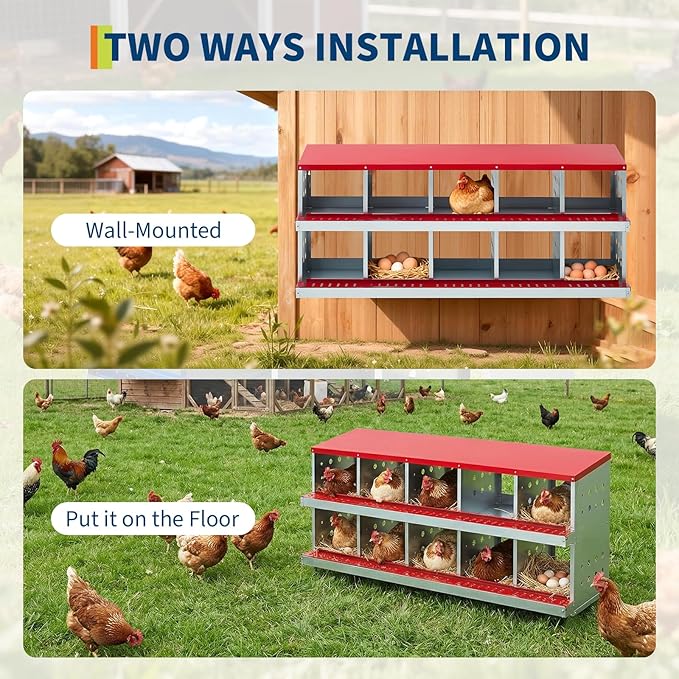 Heavy Duty Metal Chicken Nesting Box – 10 Compartments, Rollaway Egg Collection, Breathable Holes, Resting Platform, Lid, Wall Mounted/Floor Use, Easy Clean, Red, 160×48×71cm, with Cover