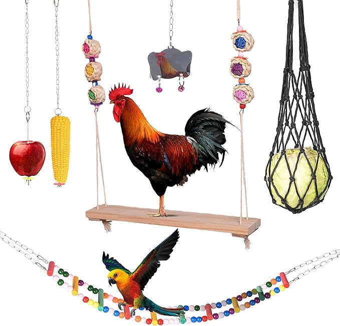 Chicken Toys for Coop Accessories 6PCS -Swing, Mirror, Vegetable Hanging Feeder, Ladder, Treat Holder for Hens Rooster Chicks Poultry Enrichment Toys