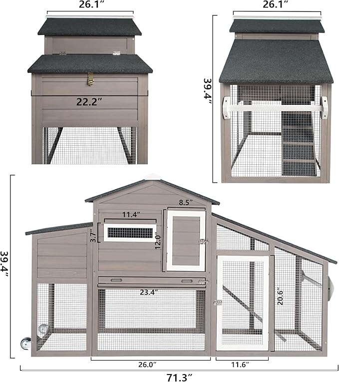 Chicken Coop Large Wooden Chicken Tractor - with Wheels Waterproof Outdoor Hen House Poultry Cage Back Yard Chicken Coops with Run, Laying Boxes, and Removable Tray, for Chickens, Ducks, Rabbits